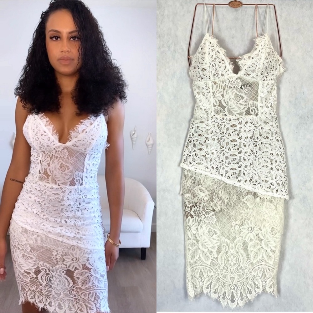 All White floral lace lined spaghetti strap deep V cocktail dress, bridal, party